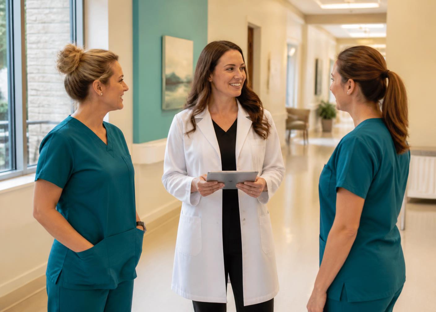 A mobile dermatology provider consulting with nursing staff in a senior living facility hallway