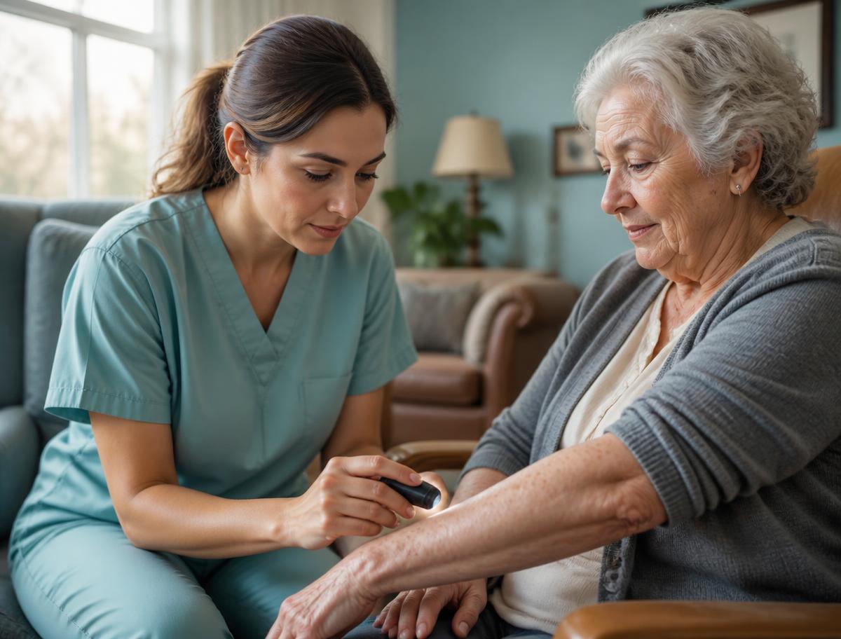 A nurse practitioner examining an older adult's arm during a bedside skin exam