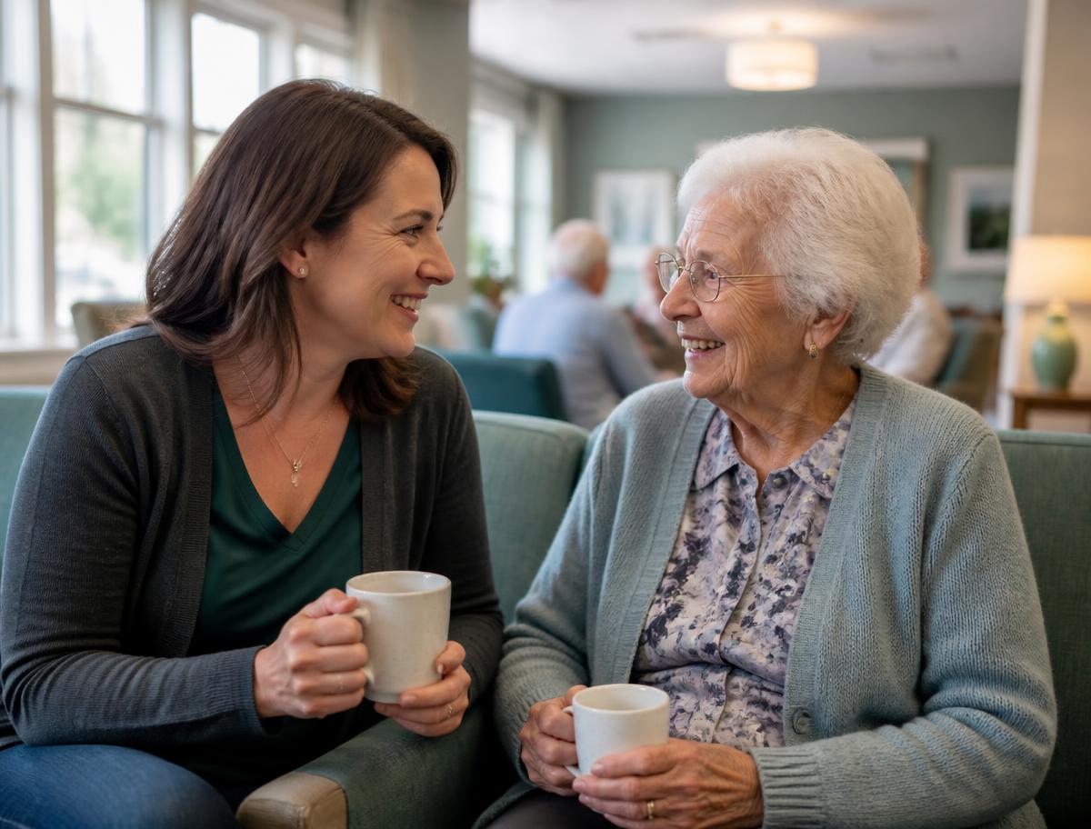 An adult daughter and her elderly mother talking over coffee in a senior living community