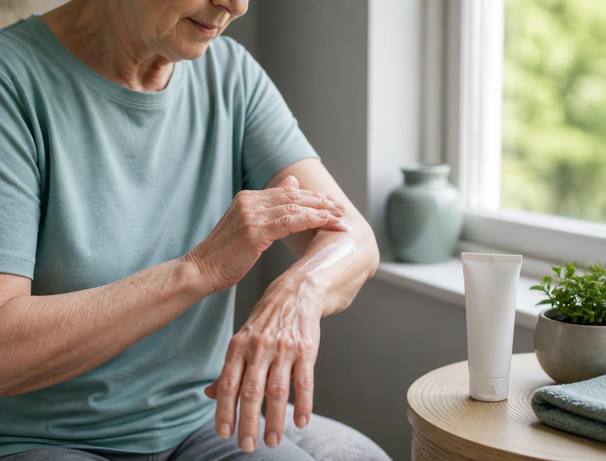 An older adult applying moisturizer to their forearm by a sunny window